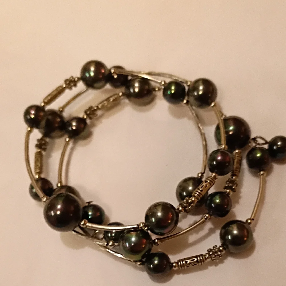 Sophisticated Dark Pearl Wrap Bracelet Silver Y2k 90s